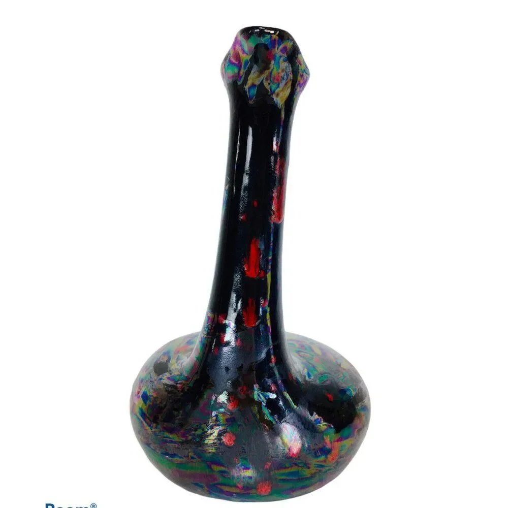 Vintage Black Iridescent Glazed Oil slick Petrol Gothic Bird Ewer Pitcher Vase